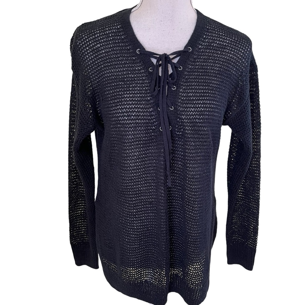 POLO Ralph Lauren Black Linen Loose Knit Lace-Up Neckline Sweater S